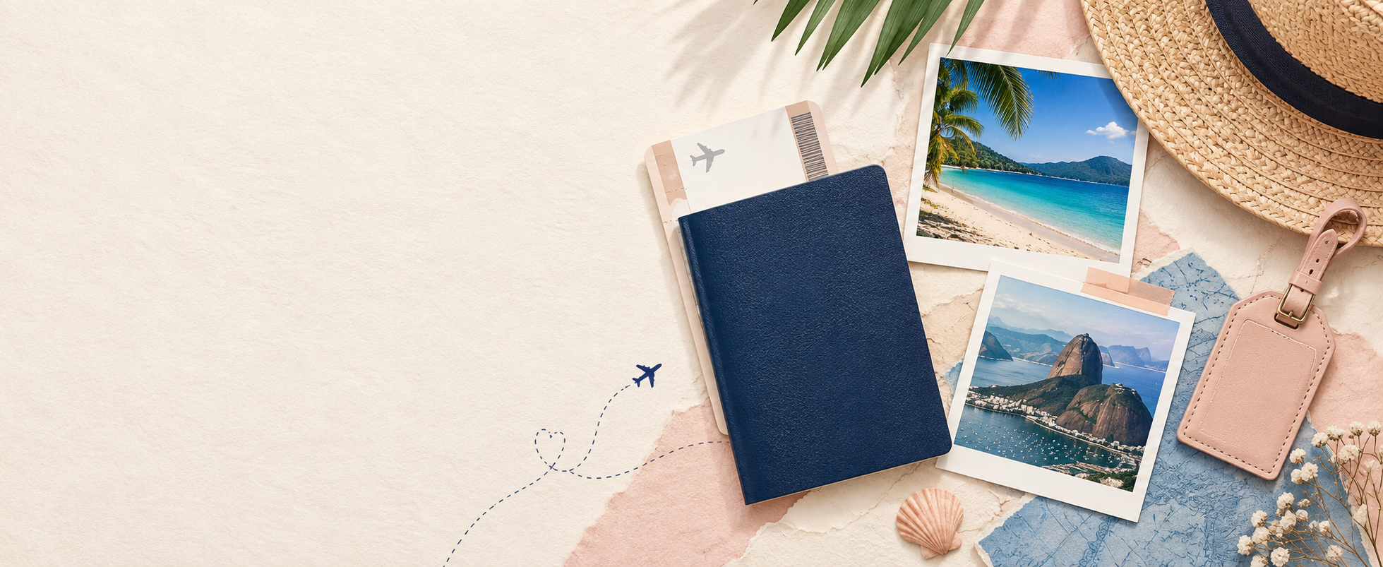 Composição de viagem com caderno azul, chapéu, fotos de praia e montanha